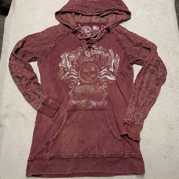 Affliction Tops - Affliction Hoodie Womens Large Maroon Lace V Neck Tie Y2K Skull Grunge Flaw Read